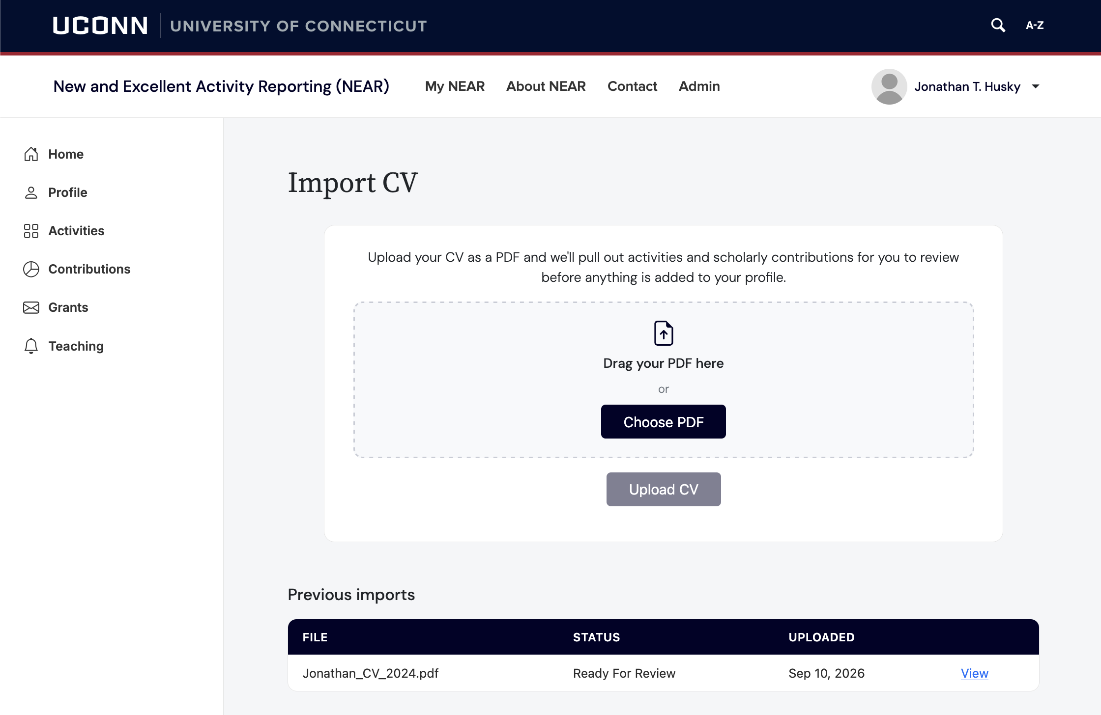 AI CV parsing screen showing a faculty member uploading a CV and reviewing suggested activities.