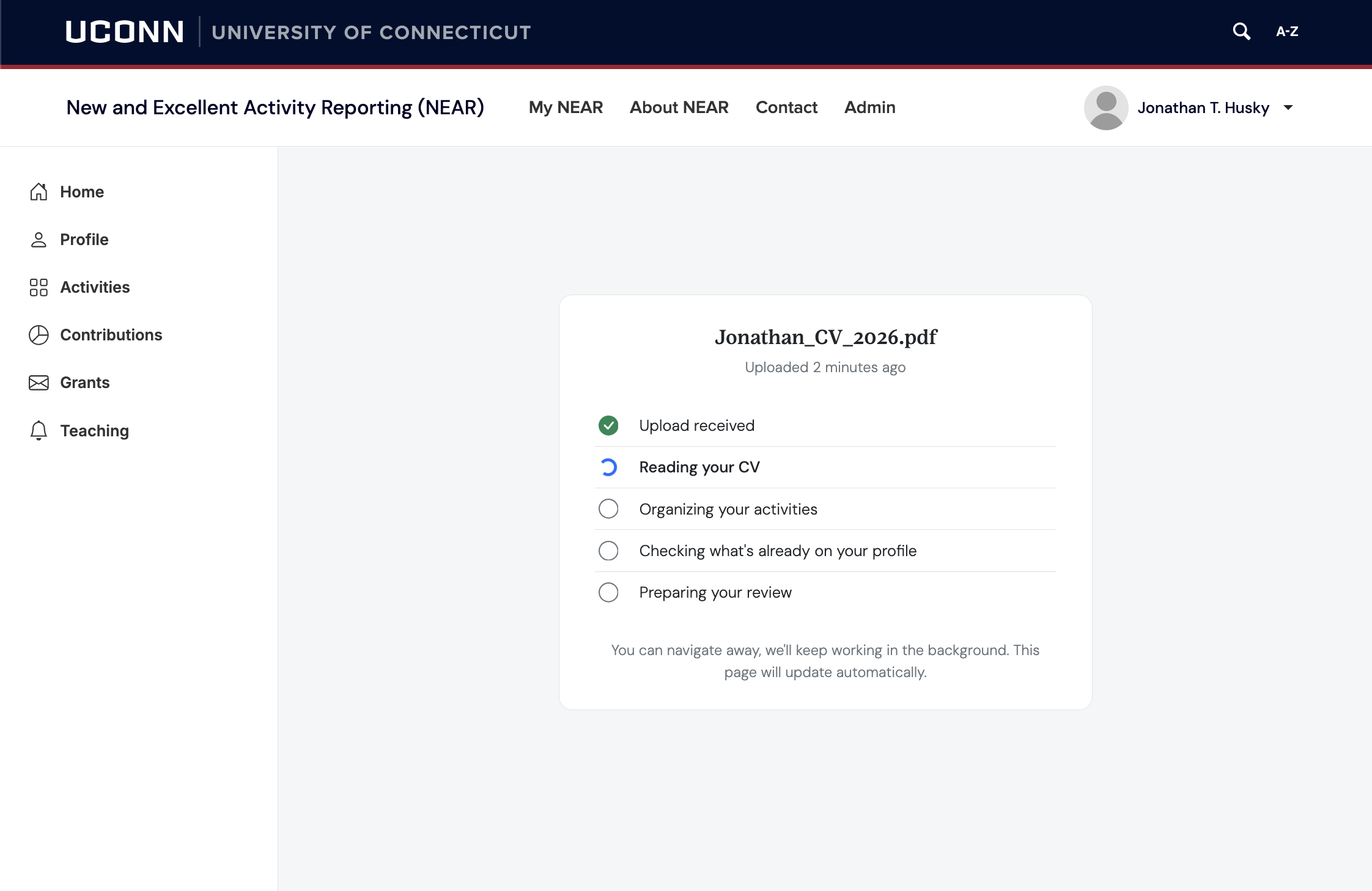 AI CV parsing screen showing extracted research and teaching activities with review controls.