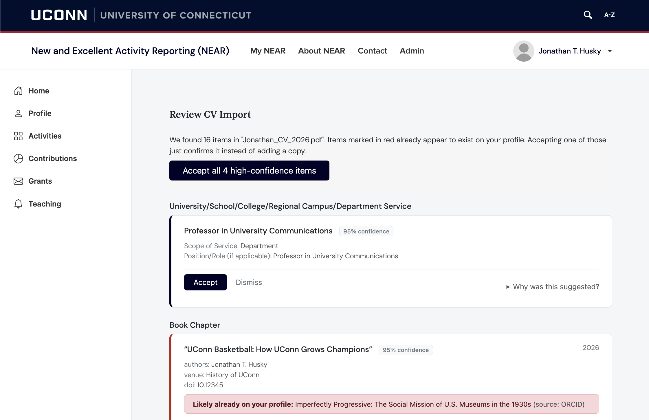 AI CV parsing screen showing final review of uploaded CV activity suggestions.