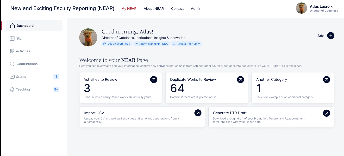 Interface mockup showing a faculty dashboard with review items, duplicate works, and generated PTR draft actions.